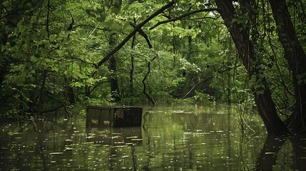 Fototapeta premium A thick canopy of green around a freshly flooded timber box with a green symbolism