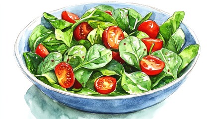 Fresh and vibrant spinach salad with cherry tomatoes in a blue bowl, perfect for healthy meals and recipes.