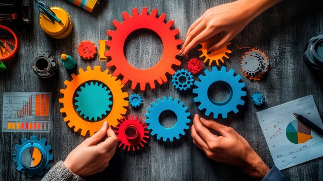 A group of business people work together, connecting the mechanisms on the table. Business concepts of teamwork