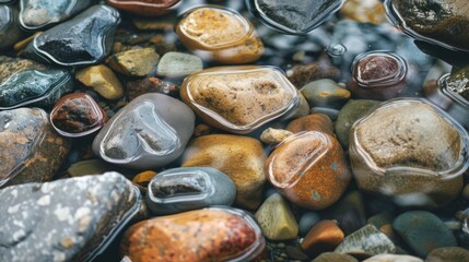 smooth river rocks shining in the water generative ai