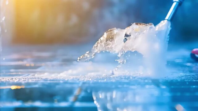 A close-up of water being sprayed from a pressure washer onto a stone surface, creating mist and revealing dirt being removed.