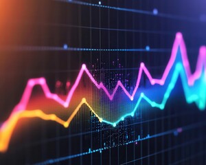 Growing market trends displayed on a dynamic line graph, vibrant colors for data insights