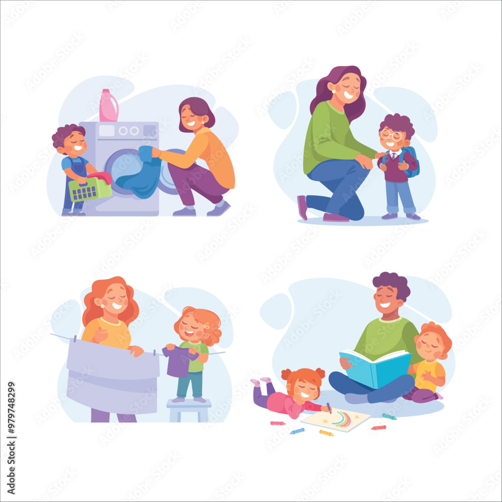 Poster homework with parent and kid engaged in home activity vector set