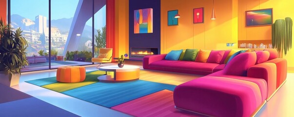 Modern open living room with bold colors, stylish furniture, and clean design, vibrant vector illustration