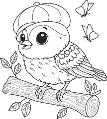 Coloring page outline of the cartoon smiling cute bird sparrow. Colorful vector illustration, summer coloring book for kids.