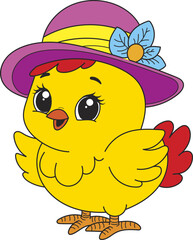 Coloring page outline of cartoon smiling cute little chick. Colorful vector illustration, summer coloring book for kids.