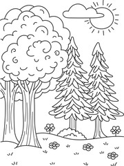 Coloring page outline of the cartoon forest. Colorful vector illustration, summer coloring book for kids.