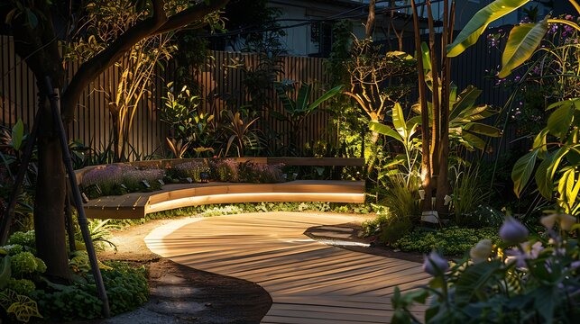 A touching night gardening scene with an m shaped built in teak seat