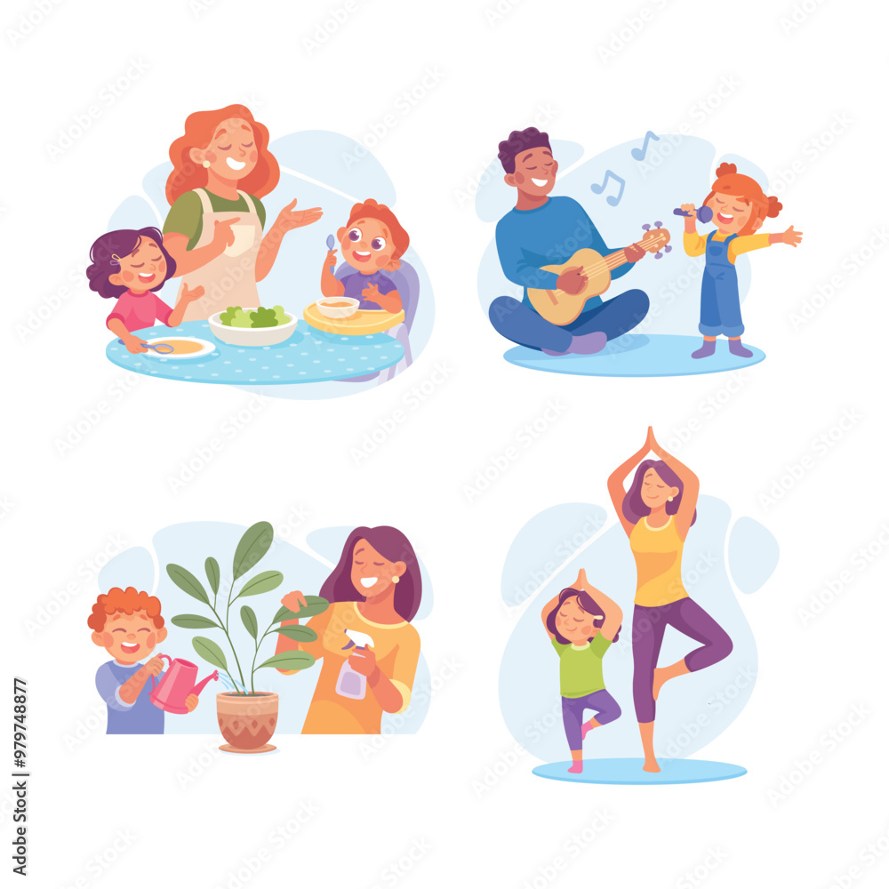 Poster homework with parent and kid engaged in home activity vector set