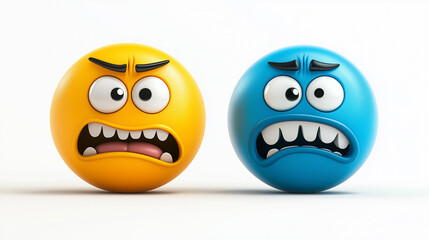 3d stickers in the form of smiley faces with opposite emotions, one happy, the other sad, matte surface, high detail, round shapes, various colors