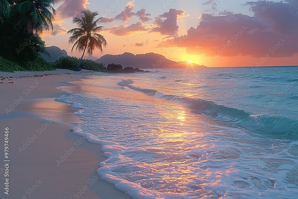 Poster a beautiful beach with a palm tree and the sun setting in the background