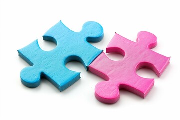 Obraz premium Two puzzle pieces, pink and blue, on a white background.