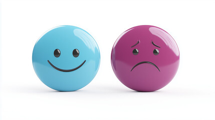 3d stickers in the form of smiley faces with opposite emotions, one happy, the other sad, matte surface, high detail, round shapes, various colors