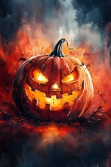 Fototapeta premium A glowing, menacing jack-o'-lantern surrounded by an ominous, fiery background, evoking the essence of Halloween and spooky festivities