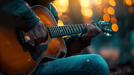 Obraz premium Close-up of a man playing an acoustic guitar in a forest with blurred bokeh lights in the background.