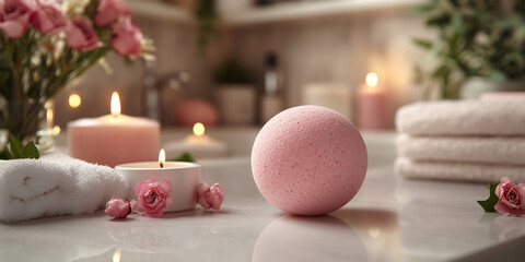 Pink bath bomb on cozy bathroom background