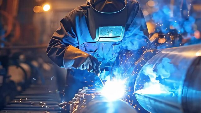 A welder working on pipes in a dimly lit industrial setting, with sparks flying from the welding process.