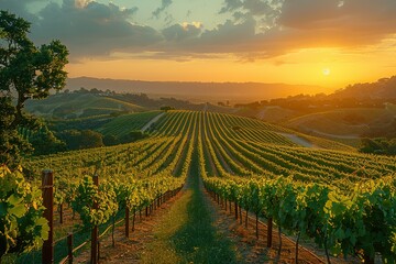 Fototapeta premium A beautiful vineyard with rows of grape vines and a sunset in the background