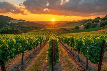 Fototapeta premium A beautiful sunset over a vineyard with a row of vines