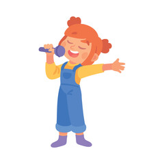 Little Girl Singing in Microphone on Stage Vector Illustration