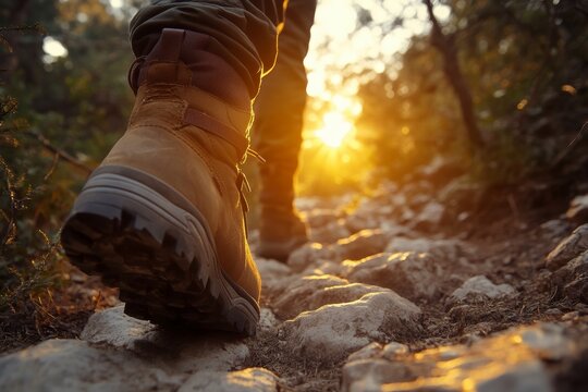 A close-up shot of a hiker's boot stepping on a rocky path during sunset, showcasing the beauty of nature and adventure in the great outdoors