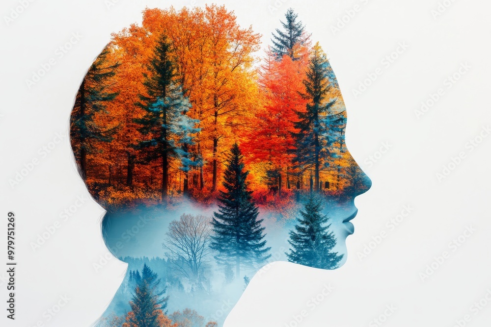 Poster double exposure of a woman’s profile with autumn trees symbolizing change reflection and the connect