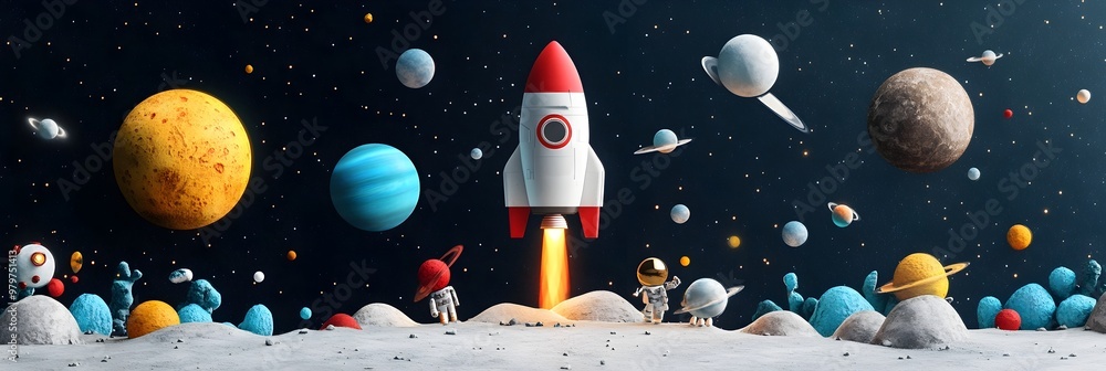 Poster futuristic space concept with planets and rocket ship