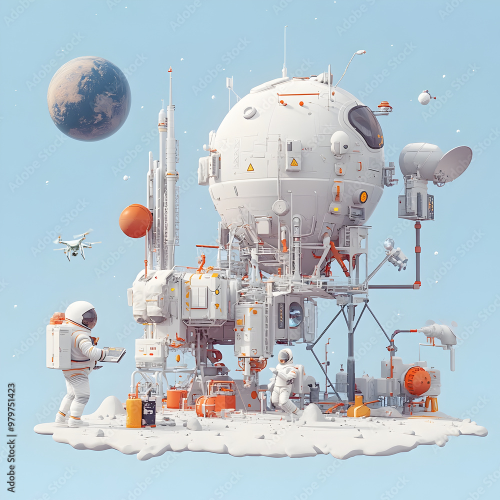 Poster Futuristic Isometric Space Colony with Advanced Spacecraft and Astronauts