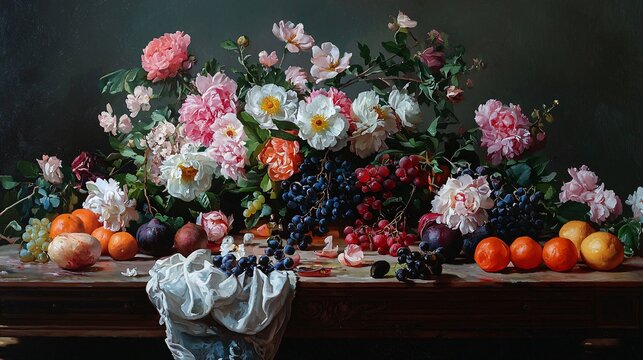 Dutch Painter Creating a Still Life with Flowers and Fruits