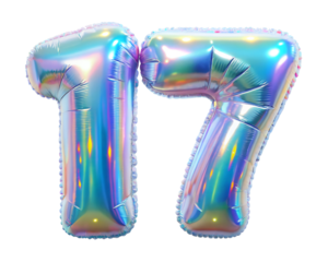 neon holografic foil balloon for birthday in the shape of the number 17 , isolated on the white background
