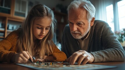 Fototapeta premium Elderly white father and adult daughter playing strategy games in a light-filled home office