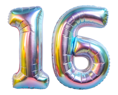 neon holografic foil balloon for birthday in the shape of the number  16, isolated on the white background