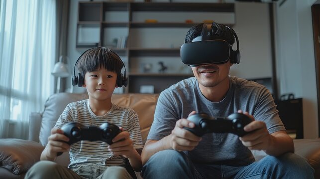 Asian father and teenage son playing virtual reality games in a clean, minimalist living room