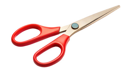 Red handled scissors on a black background, symbol of cutting tools and crafting work.