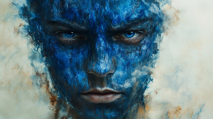 Abstract portrait of a person with blue textured face art