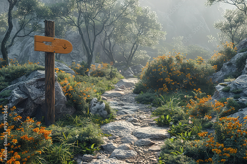 Poster a signpost is on a path in a forest