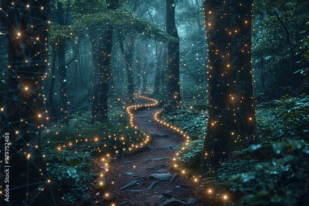 Poster a forest path is lit up with glowing lights, creating a magical