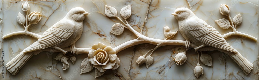 Wall mural carved birds and rose on marble