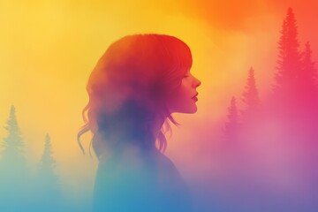 Colorful silhouette of a woman blending with vibrant trees in a misty landscape symbolizing personal growth nature and emotional transformation