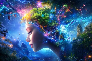 Vibrant digital portrait of a woman’s profile fused with glowing galaxies and plants symbolizing the convergence of nature space and human consciousness