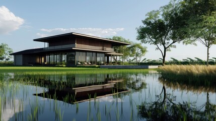 Fototapeta premium Modern House with Reflection on Water