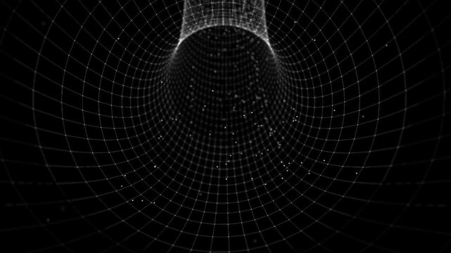 Digital black tunnel. Graphic tunnel looped white on black background with flying particles. Geometric corridor monochrome. Linear point portal. Looped jump string theory.