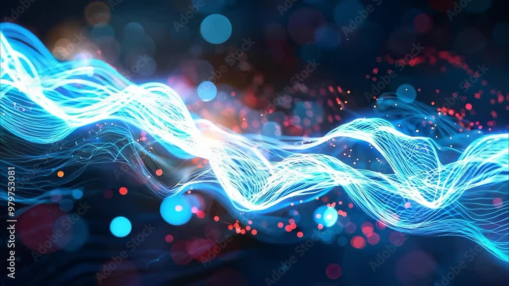 Poster an abstract representation of light waves and particles, featuring vibrant colors and dynamic moveme
