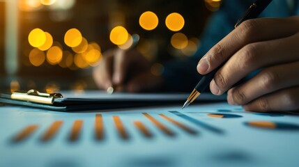 Obraz premium Close-up shot of an analytical working with the latest financial results Financial accounting sales forecast graphs analysis with hand writing , digital effect abstract for background