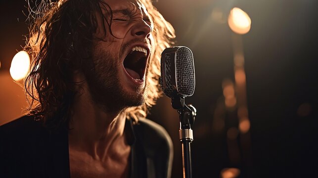 Passionate Male Singer Performing on Stage with Microphone