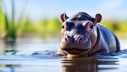 Fototapeta premium a hippopotamus standing in a zoo pond with murky green water and aquatic plants surrounding it, against a serene greenery background