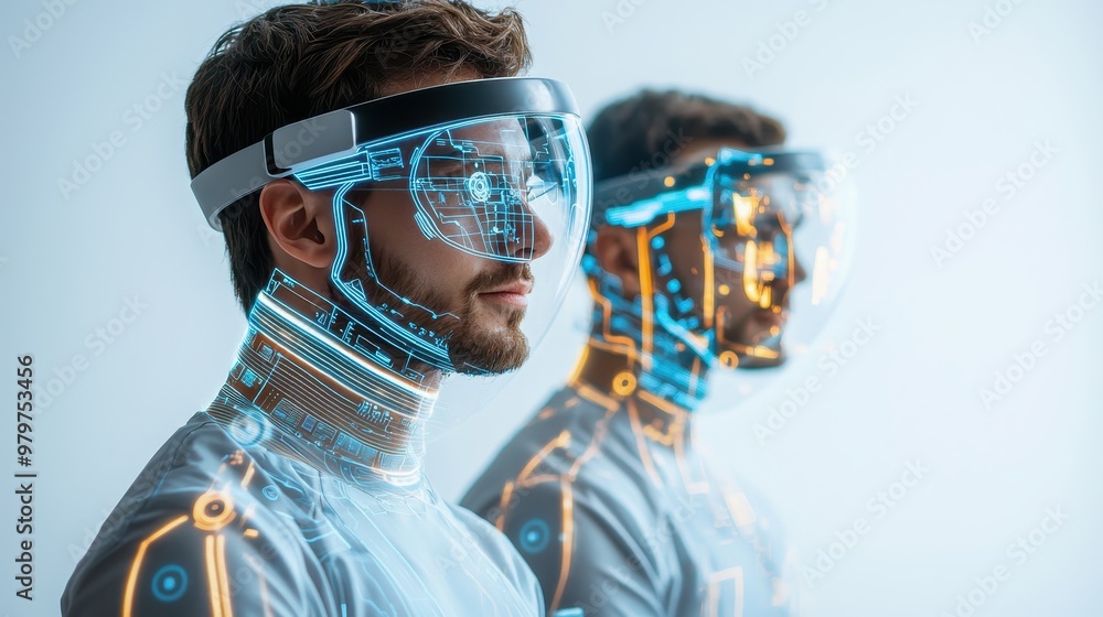 Wall mural two men wearing virtual reality goggles stand side by side