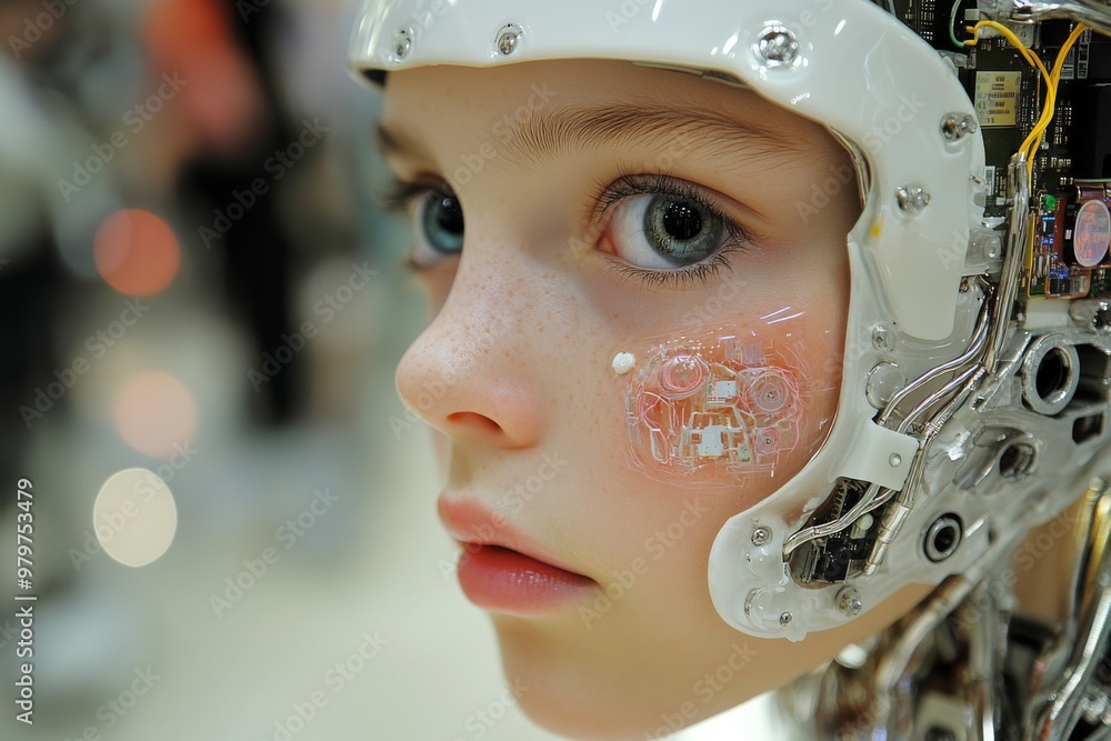 Poster close up of a young girl with mechanical elements embedded in her face symbolizing human augmentatio