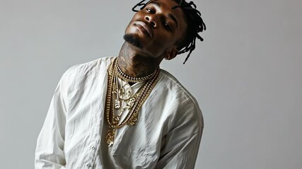 The African American male model shows off his unique style with layered necklaces and trendy clothing, embodying a combination of urban style and individuality.