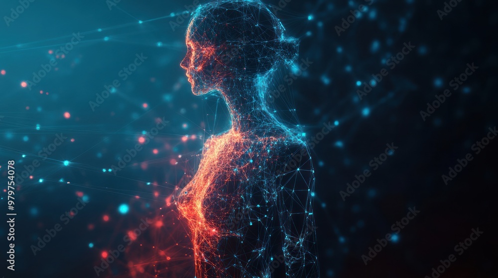 Poster elegant side view of digital human form with nodes and lines